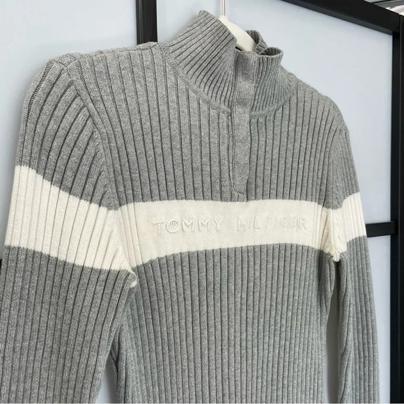 [M] y2k Tommy Hilfiger 1/2 Zip Ribbed Knit Creme & Grey Long Sleeve Top - Picture 4 of 14